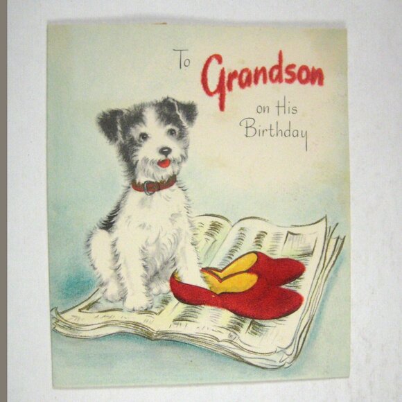 Hallmark Card Happy Birthday Day 1950 Used Flocked Slippers Grandson Dog - Picture 1 of 7